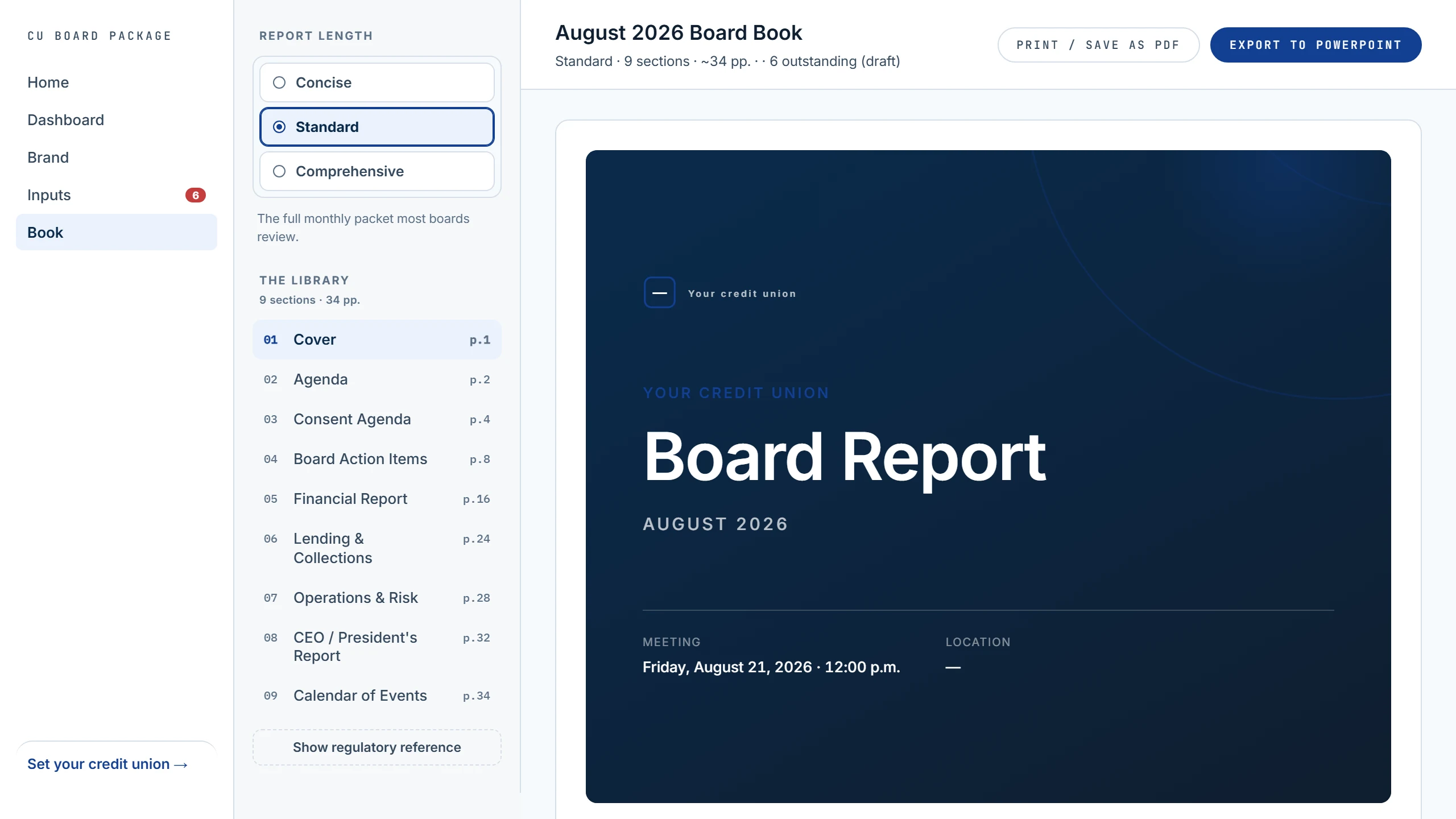 The CU Board Package studio: the board book preview beside its section outline.
