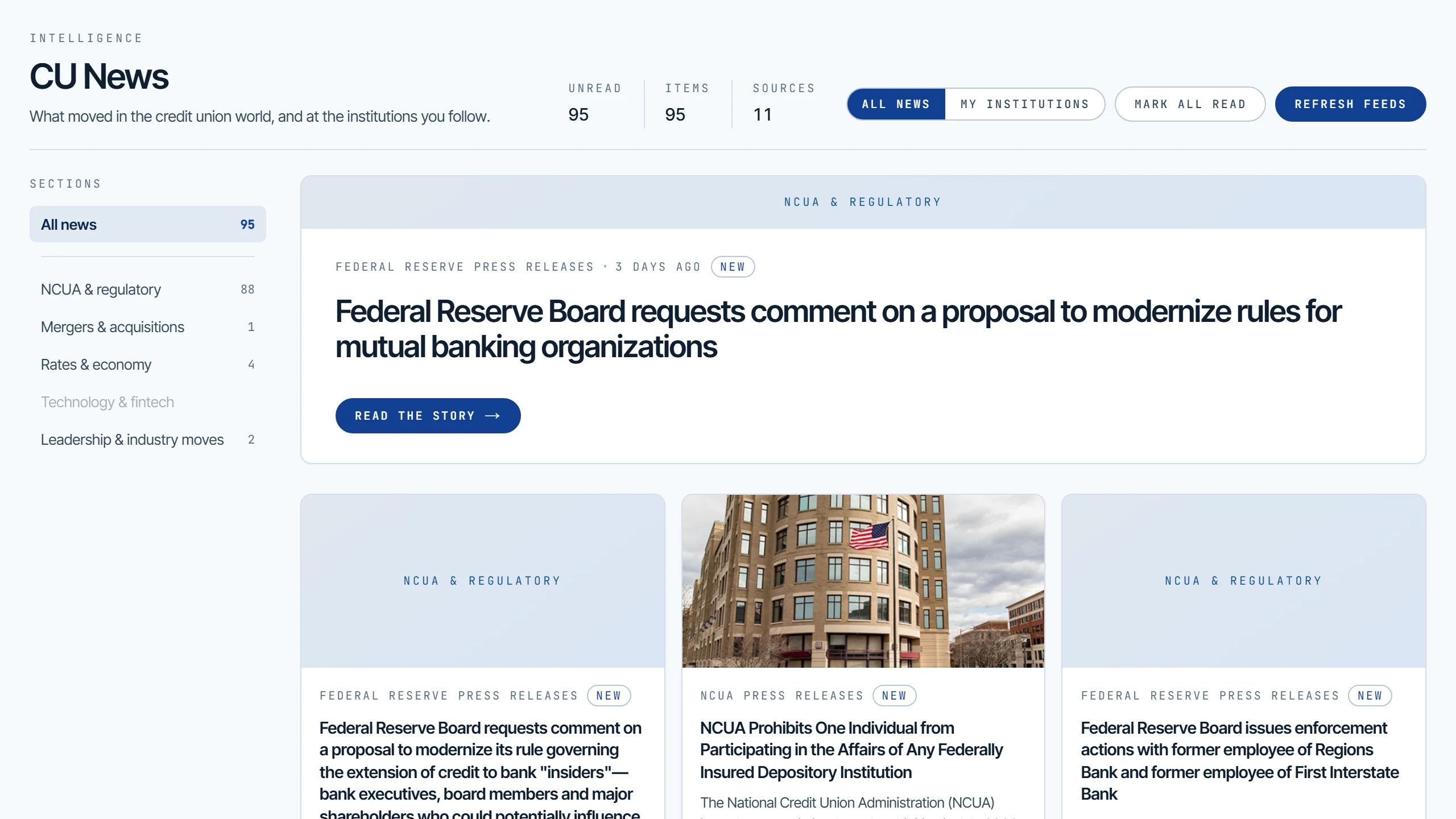 The CU News feed: a featured story with a category rail and a grid of summarised items.
